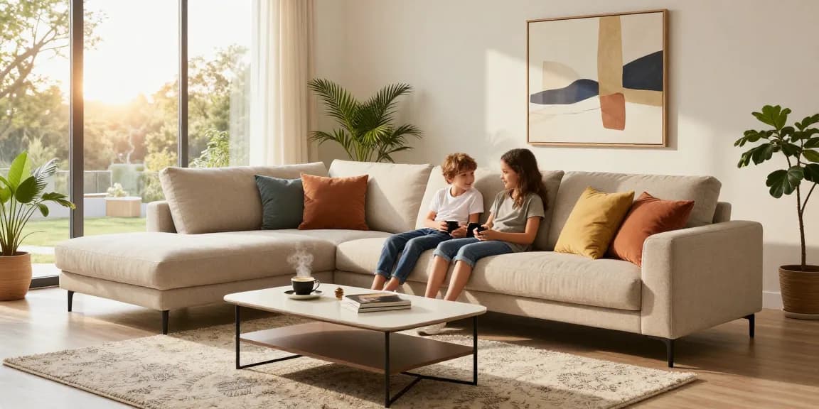 Gemütliches Wohnzimmer mit Familie auf stilvollem Sofa, das zum Möbel Direkt Bestellen für moderne Innenräume anregt.