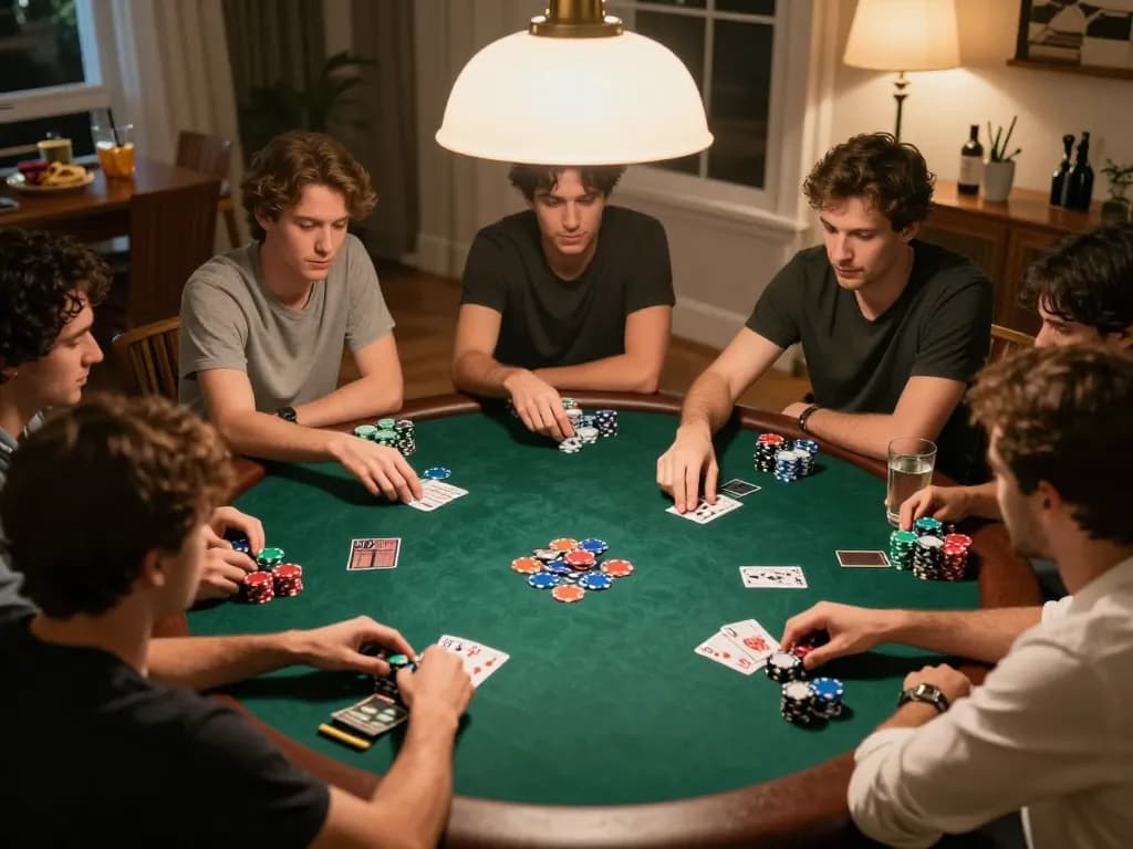 Fesselnde Spielszenen, die Freunde zeigen, die Pokerabend mit der Strategie des Immobilienmaklers Frankfurt Riedberg genießen.