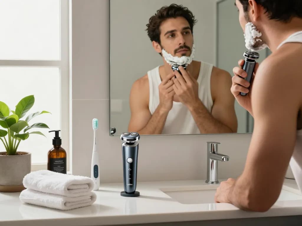 Laifen EU elektrischer Rasierer und Zahnbürste verbessern luxuriöse Grooming-Routine im stilvollen Badezimmer.