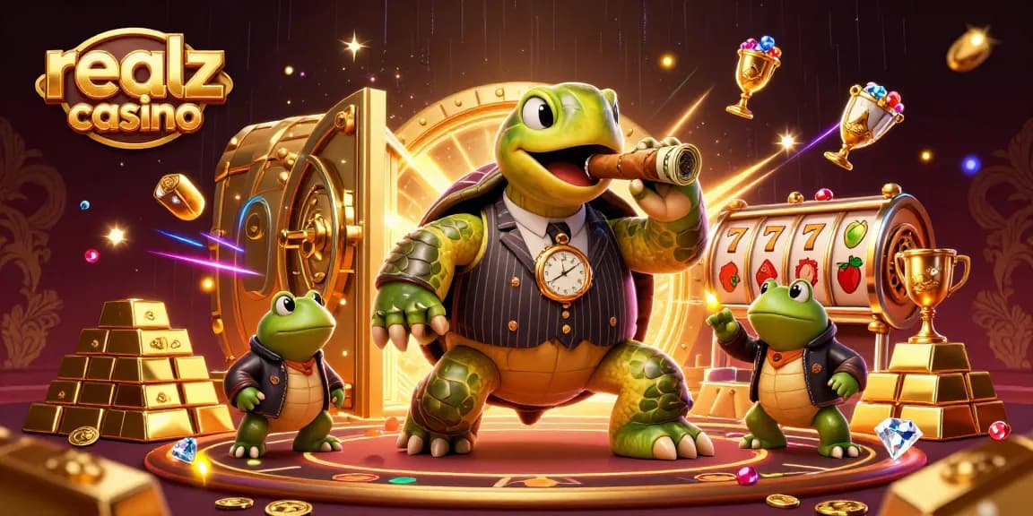 Experience the thrilling realz casino with cartoon characters and slot reel elements in an illuminated scene.