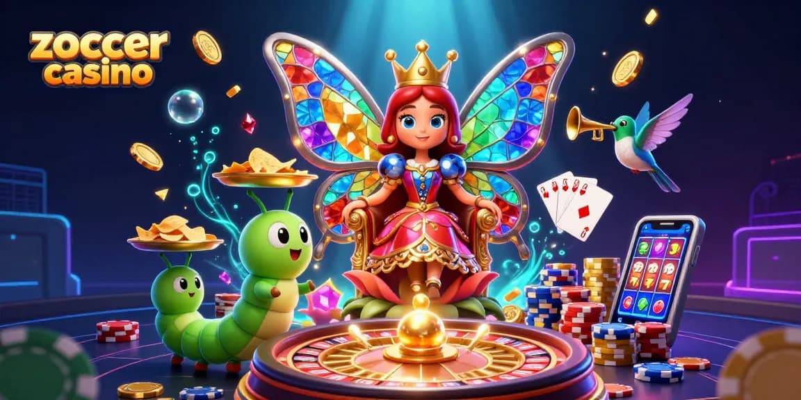 Zoccer casino offers captivating gameplay with vibrant butterfly queen amid gold coins and dynamic gaming elements.