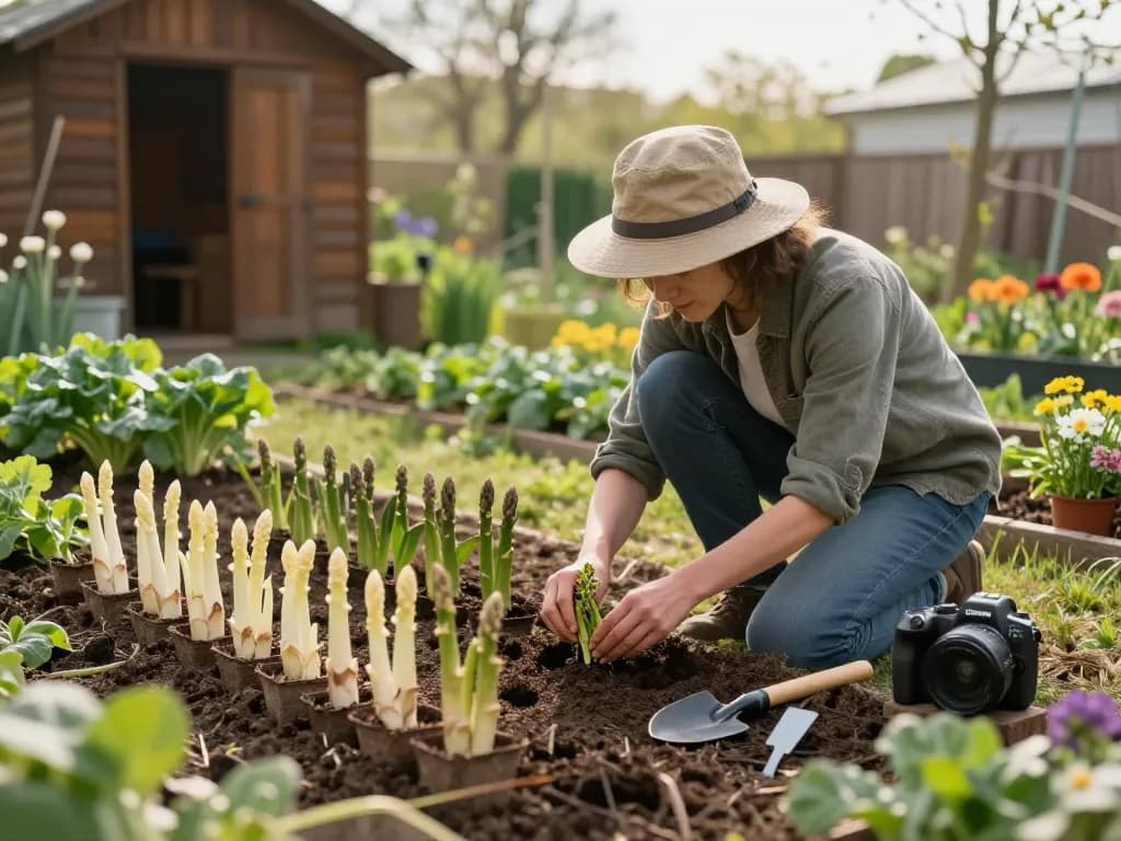Planting spargelpflanzen in a sunny home garden with vibrant seedlings and gardening tools.
