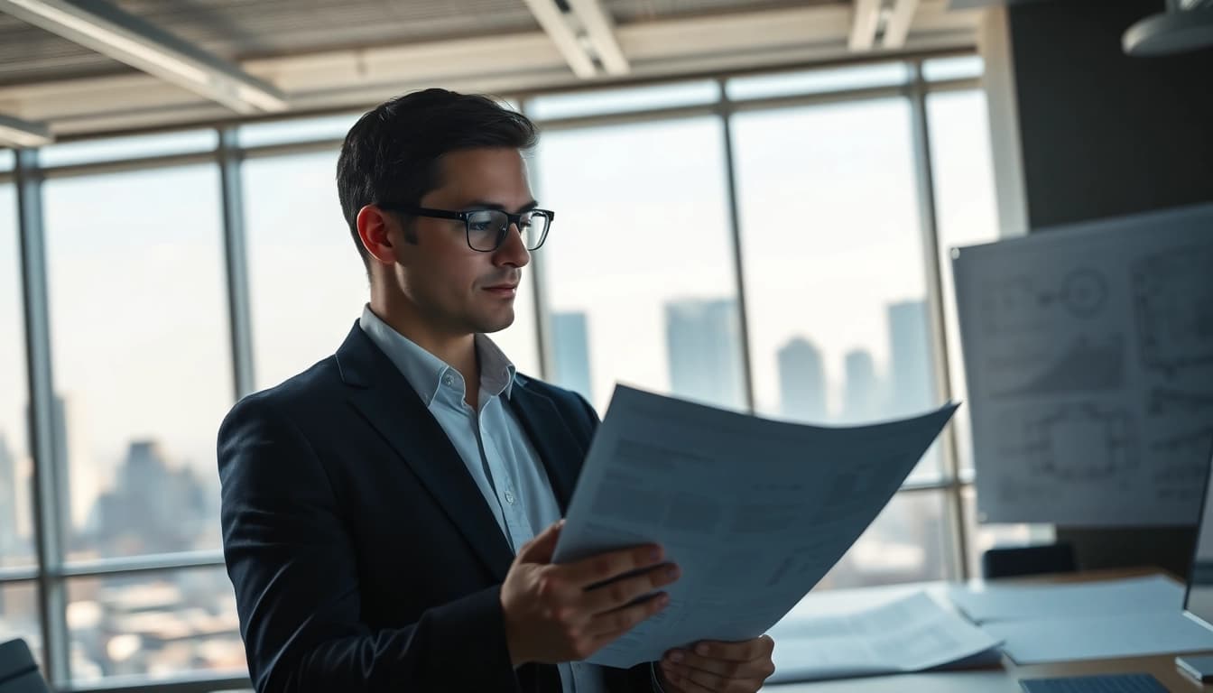 Headhunter Ingenieure analysiert Bewerbungen in modernem Büro mit technischen Elementen.