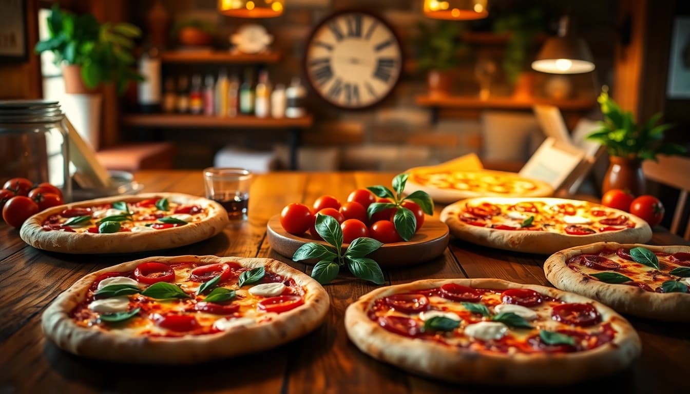 Pizzanap celebrating a delicious array of freshly baked pizzas on a rustic table with vibrant ingredients.