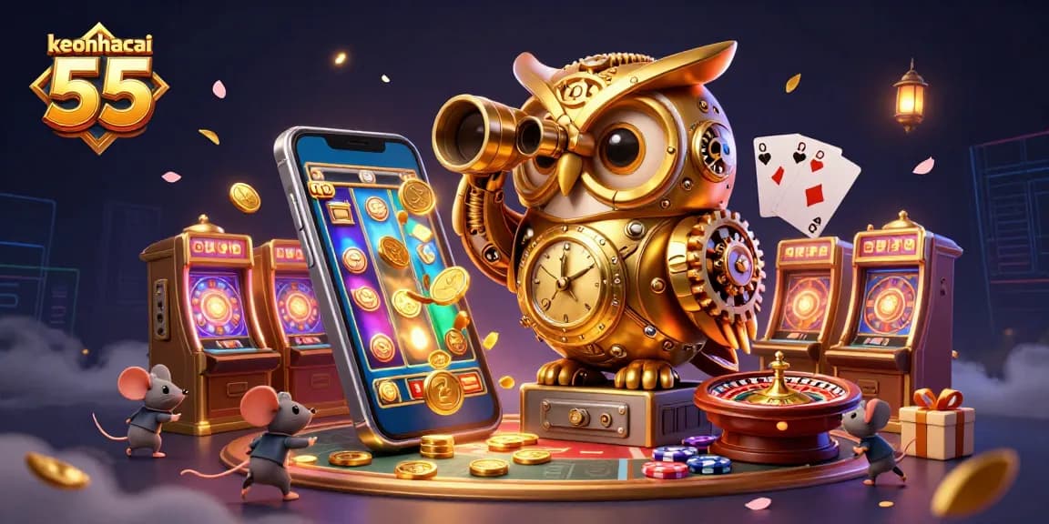 Engage in thrilling gaming action at keonhacai 55 with a vibrant casino scene featuring slot machines and golden coins.