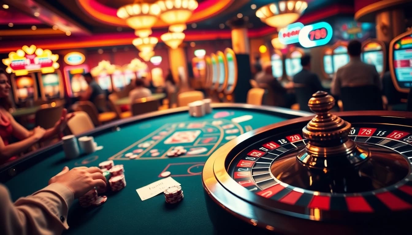 Exciting casino scene with poker players and a roulette wheel at 789f, highlighting gambling excitement.