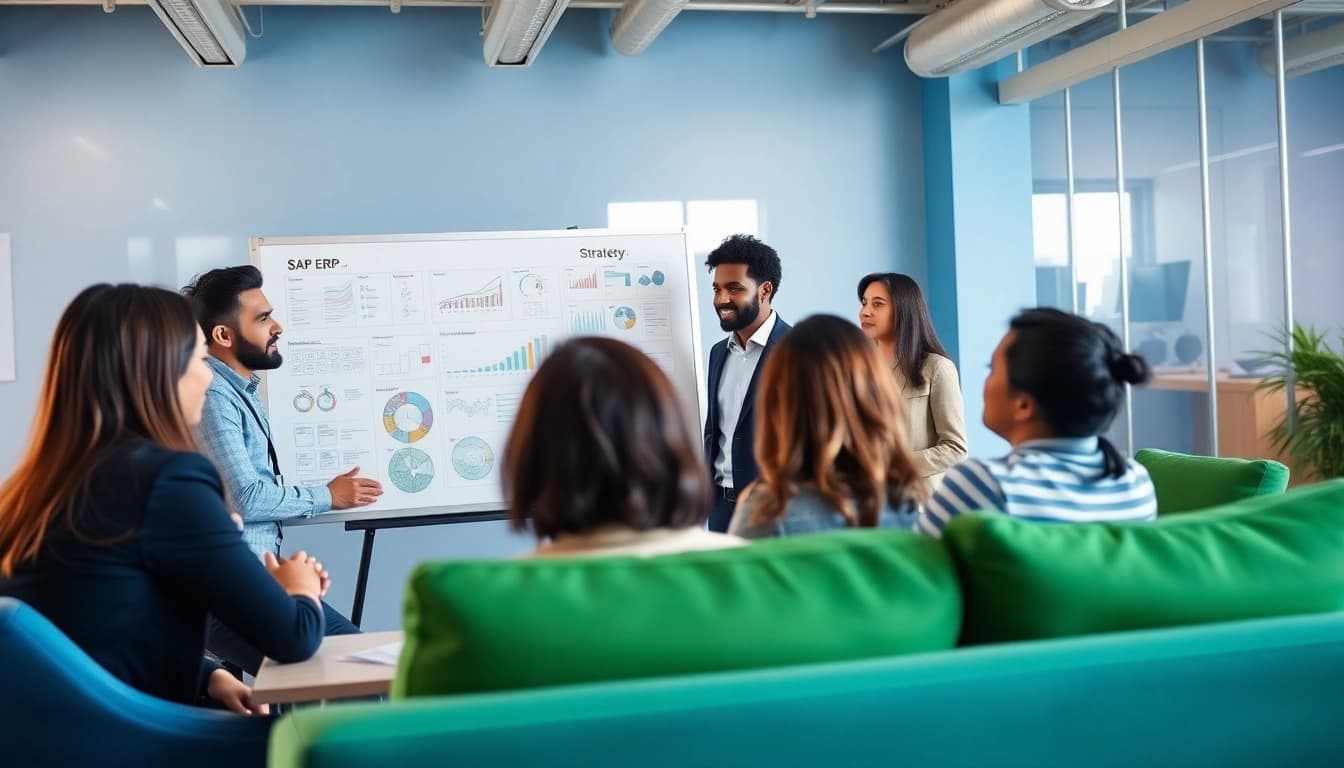 Teamwork on SAP ERP strategy with diverse professionals in a modern office setting