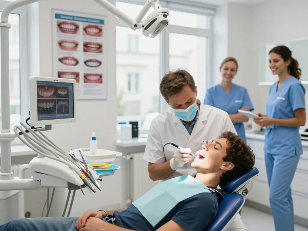 Zahnbleaching Wien in einer einladenden Zahnarztpraxis mit einem Zahnarzt, der einen Patienten behandelt.