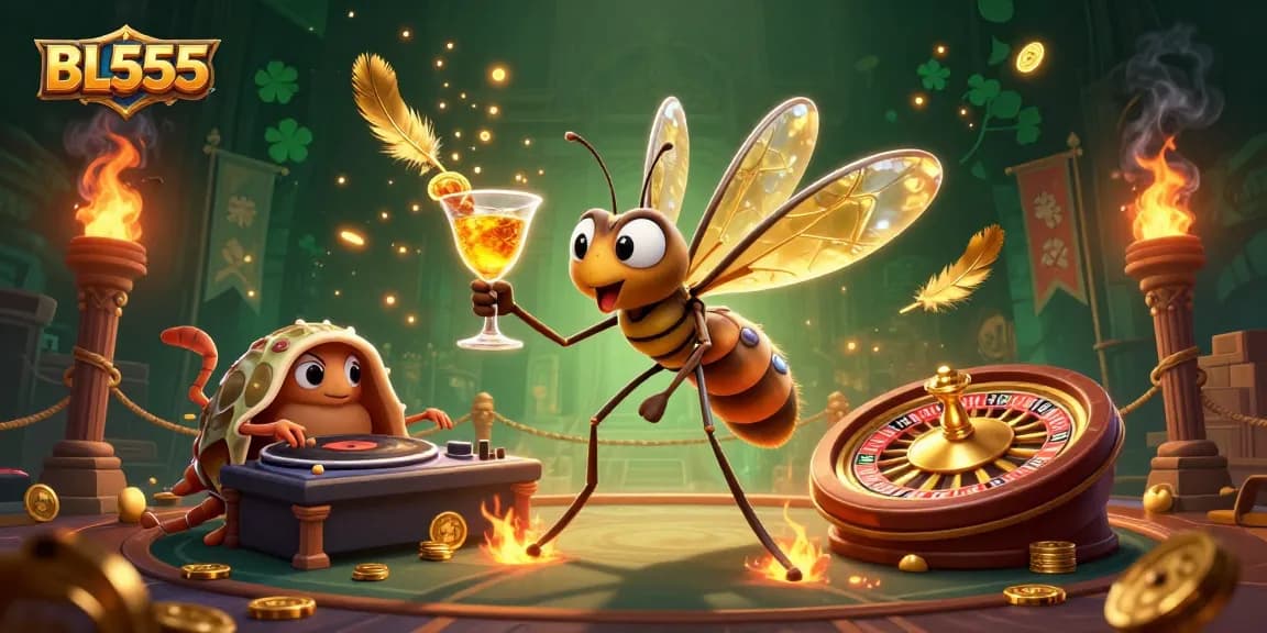 Experience exciting gameplay at BL555 featuring a vibrant casino mascot, DJ, and roulette wheel.