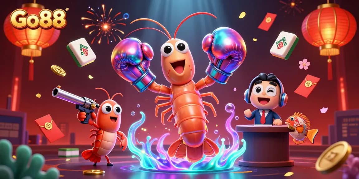 Join Go88's thrilling games with vibrant coral and shrimp characters in a lively casino scene.