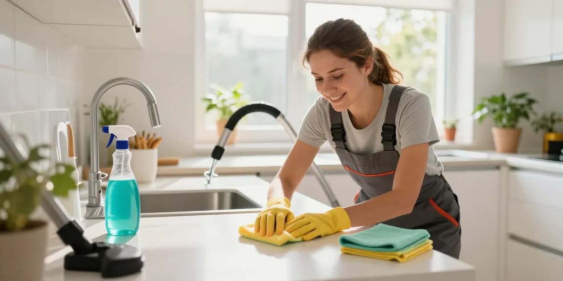 Effective wohnungsabgabe reinigung with a professional cleaner in a bright kitchen using eco-friendly products.