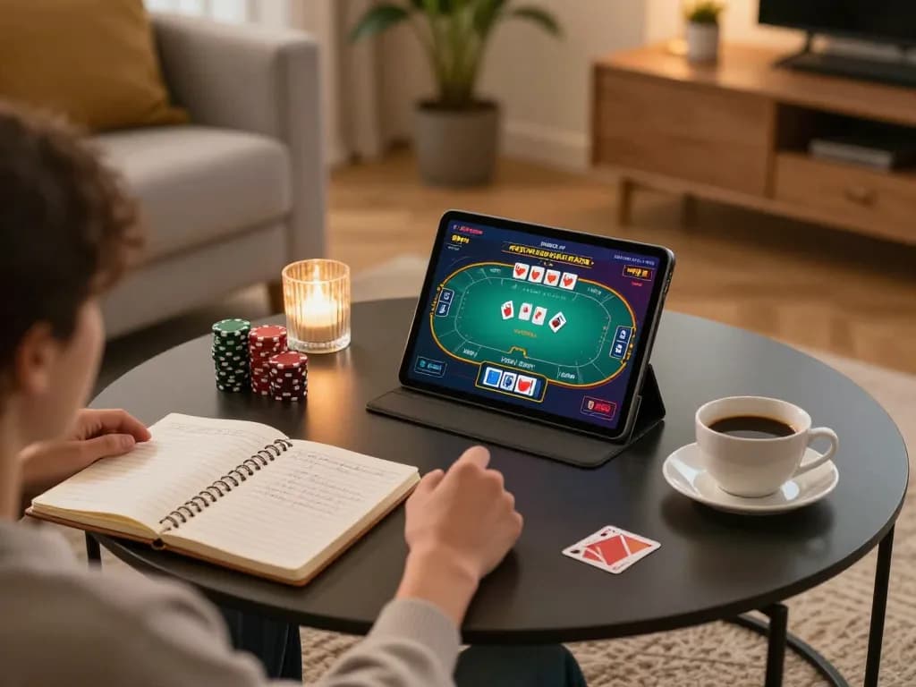 Player strategizing poker game on tablet, showcasing 789bet in a cozy home setting.