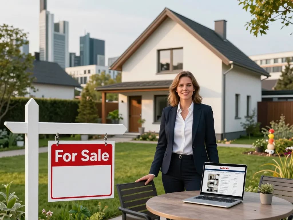 Präsentation von Immobilienmakler Frankfurt Riedberg mit einem professionellen Agenten vor einem modernen Zuhause.