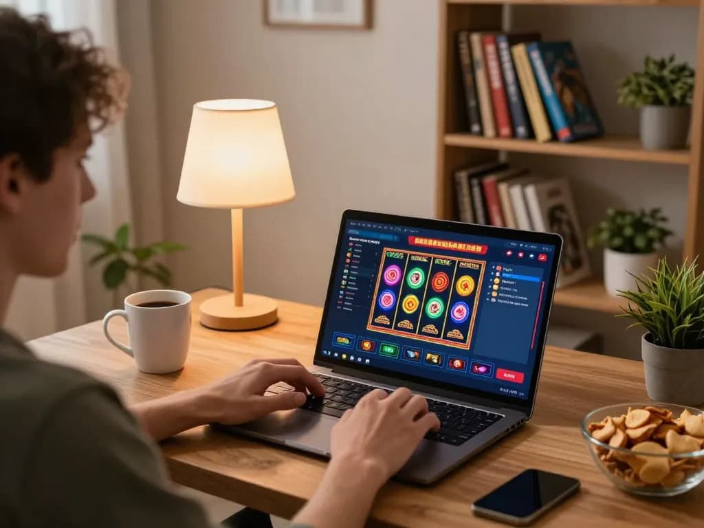Play at https://mb668.co/ showcasing a cozy home setup for online gambling with engaging gameplay.