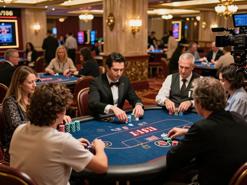 Players enjoying F168 poker at a luxurious casino, vibrant ambiance showcasing high-stakes action.
