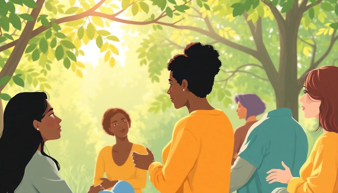 Fostering mental health awareness through supportive conversations in a serene outdoor setting.