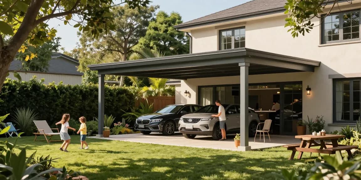 Moderne Carport in einem einladenden Garten mit spielenden Kindern und einer Familie bei der Vorbereitung einer Outdoor-Veranstaltung.