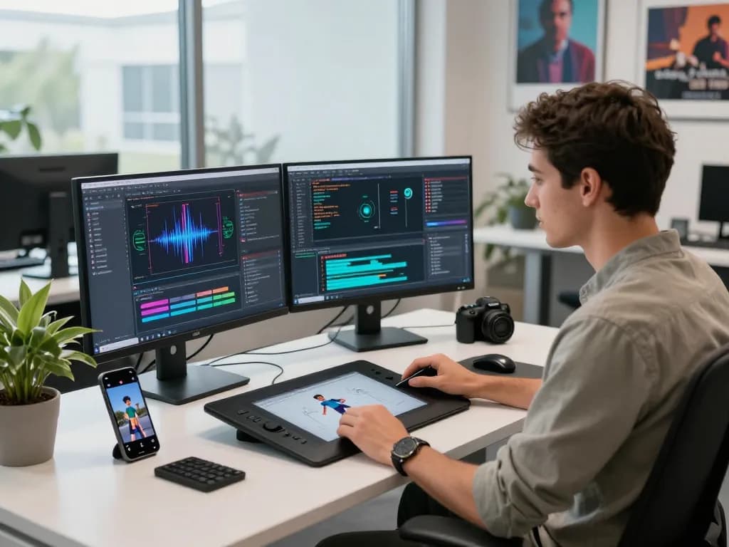 Developer optimizing motion control technology at modern workstation with dual monitors and animation tools.