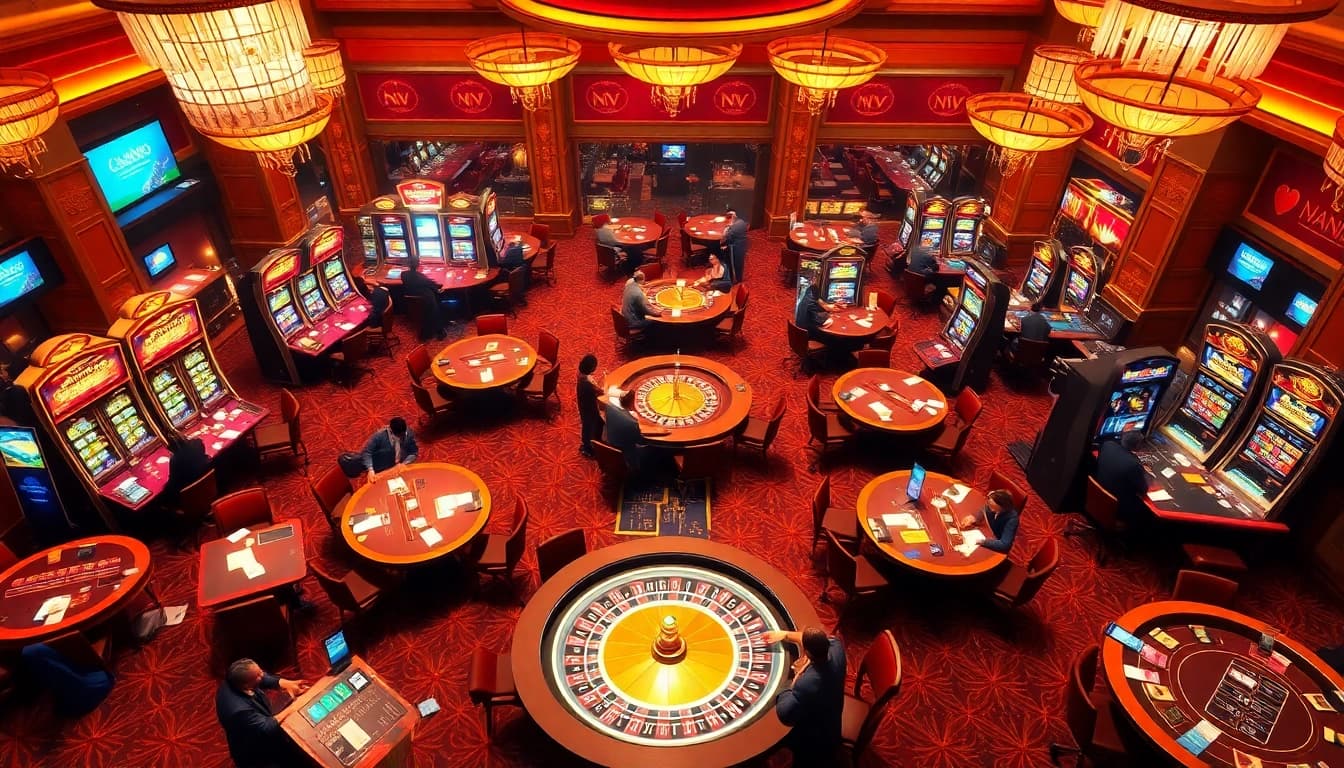 Nv casino scene featuring players engaging with slot machines and table games in a vibrant atmosphere.