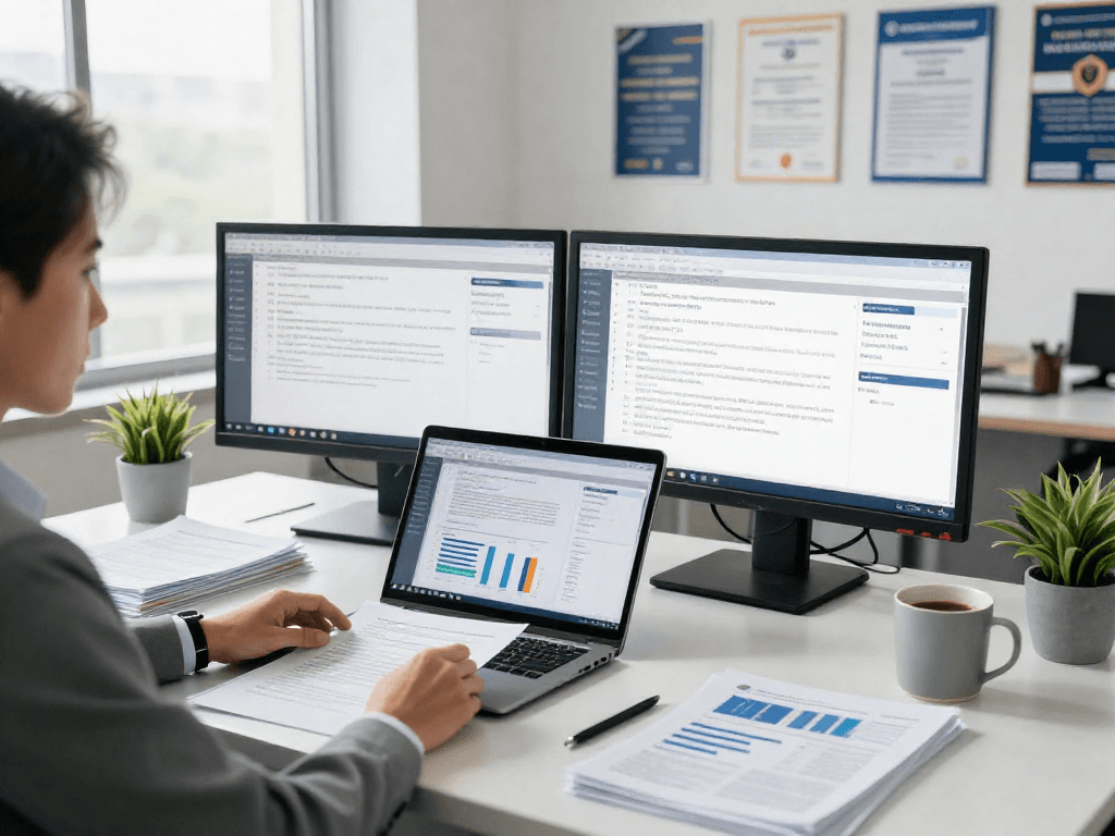 Compliance officer using document fraud detection software in modern office setting.