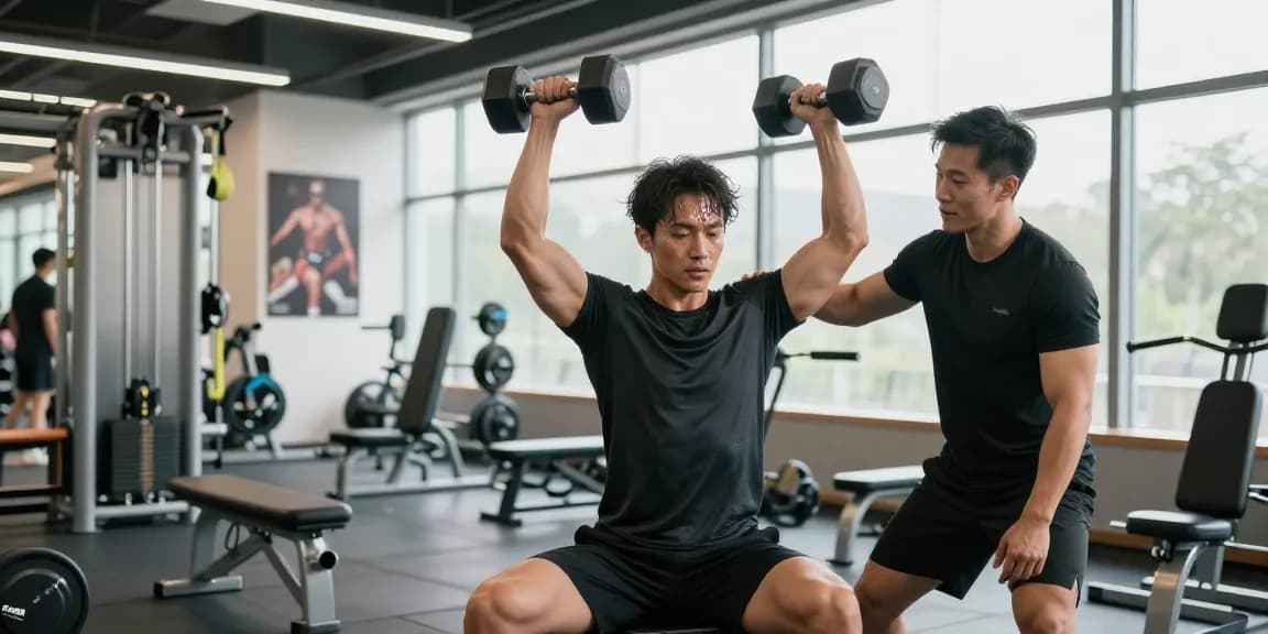 Medi Pharma Steroid Shop - Fitnesstraining im modernen Fitnessstudio mit Hanteln und Trainer.