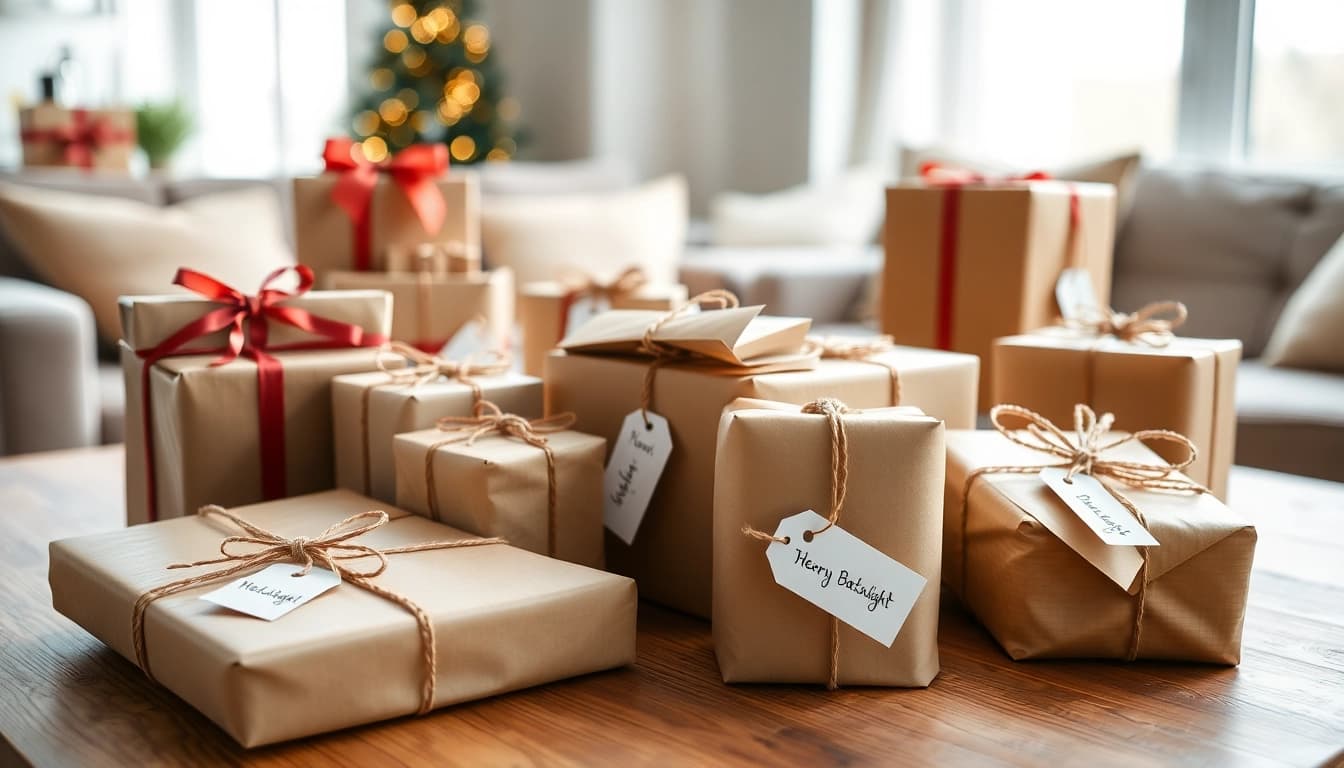 Geschenkideen auf einem dekorativen Tisch mit schönen Verpackungen und Geschenkanhänger.