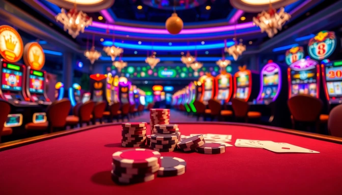 Experience the thrill of gaming at GK88 with vibrant casino tables and festive decorations.