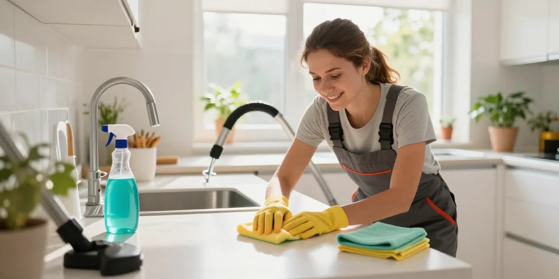 Effective wohnungsabgabe reinigung with a professional cleaner in a bright kitchen using eco-friendly products.