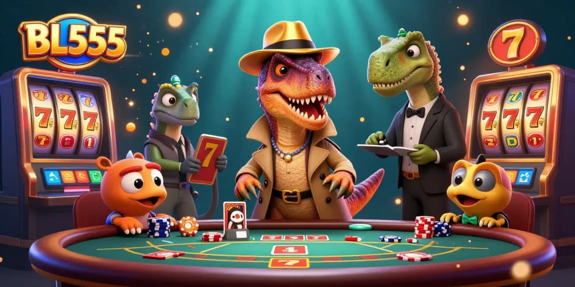 BL555 velociraptor card counter at blackjack table, surrounded by dynamic game elements and casino atmosphere.