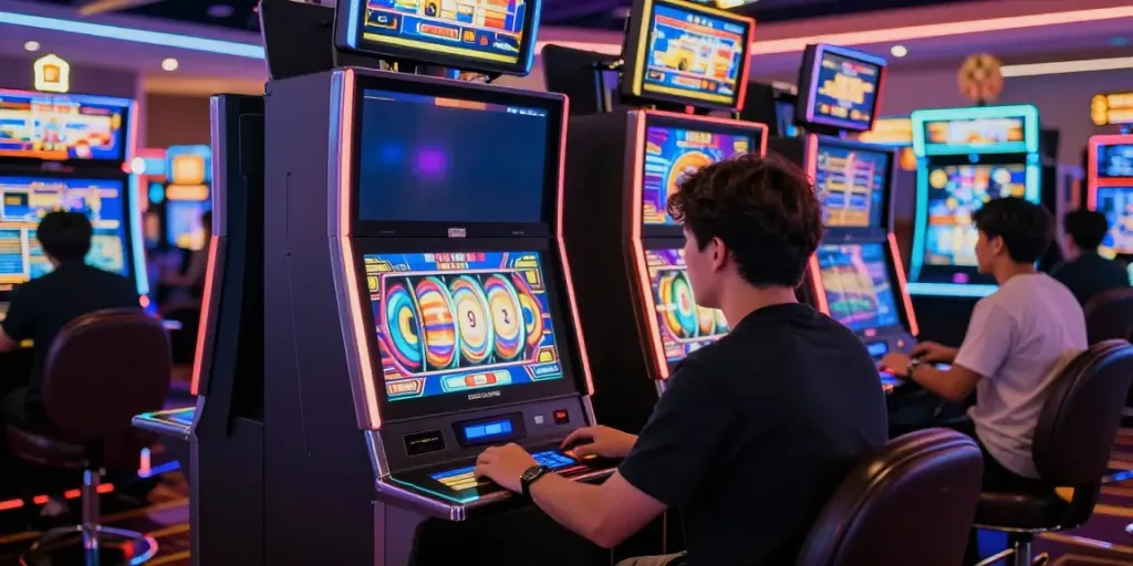 Player engaging in rokok88 slot login at a vibrant casino gaming floor surrounded by neon lights.
