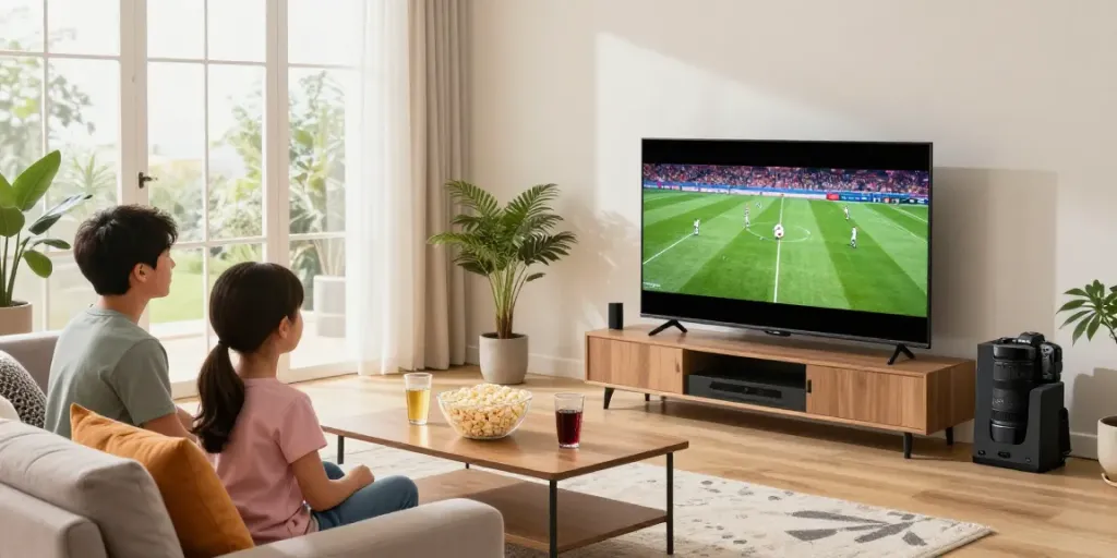 Enjoying IPTV kaufen with family in a cozy living room watching a football match on a 4K Smart TV.