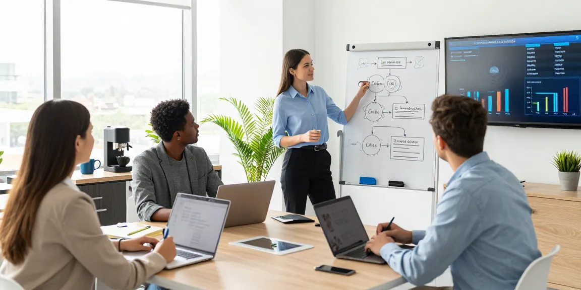 Bewertungsplattform Führung: Team in einem modernen Büro, das an Lösungen für Unternehmensführung arbeitet.