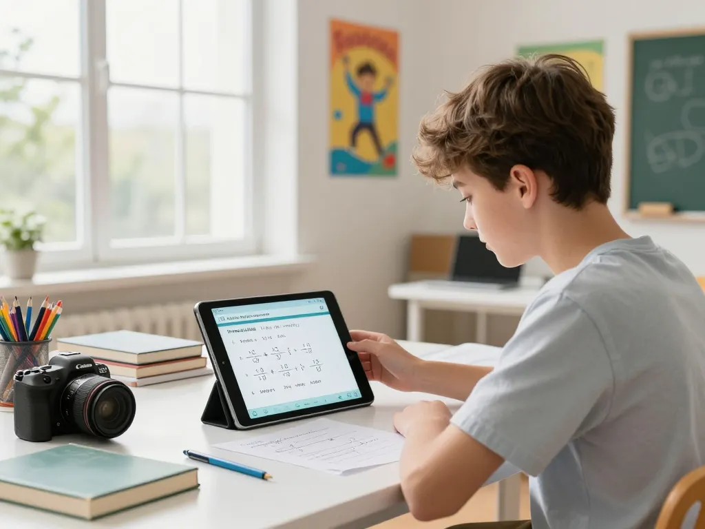 Student nutzt eine Hausaufgaben Scanner-App auf einem Tablet in einem hellen Klassenzimmer und erfasst Hausaufgaben mit Konzentration und Begeisterung.