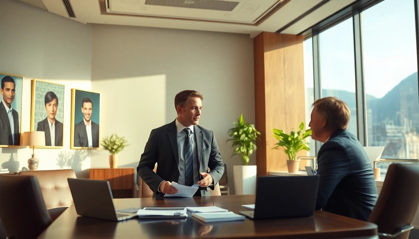 Headhunter Schweiz im Gespräch mit einem Kandidaten in einem eleganten Büro.