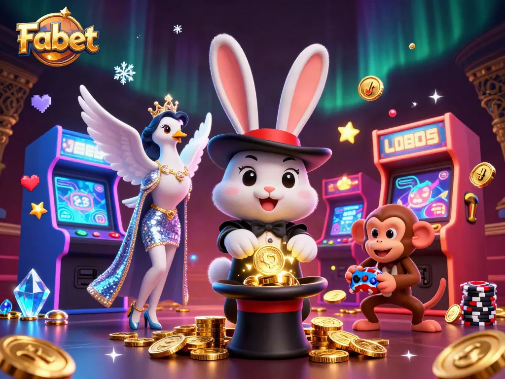 Experience thrilling wins at Fabet with vibrant characters celebrating in a dynamic casino scene.