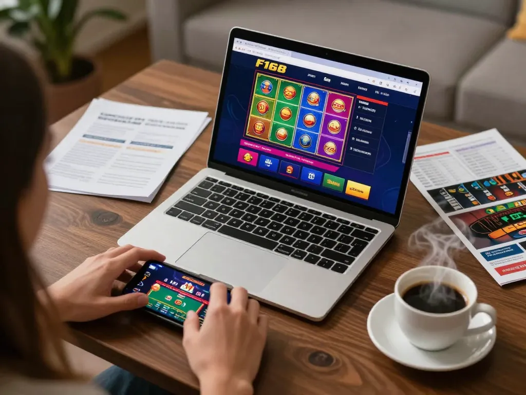 Engaging scene of F168 online casino gaming setup with laptop and smartphone, showcasing dynamic betting