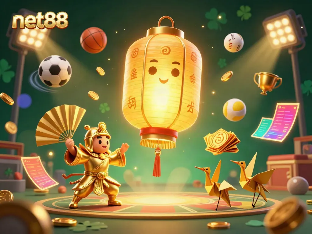 Experience the excitement of net88 casino with vibrant 3D illustration showcasing sports betting elements in action.