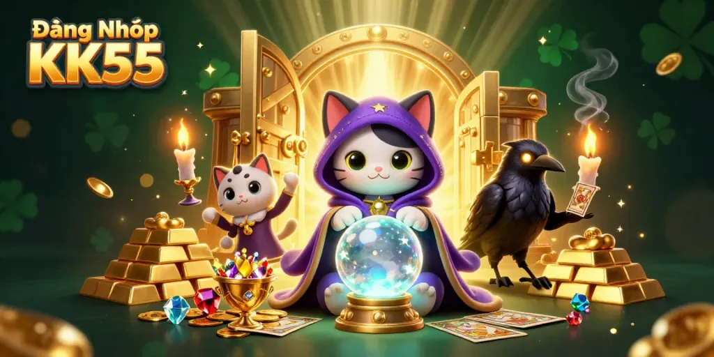 Experience the thrill of Đăng Nhập KK55 with a mystical illustration featuring a fortune teller cat and a tarot raven surrounded by riches.
