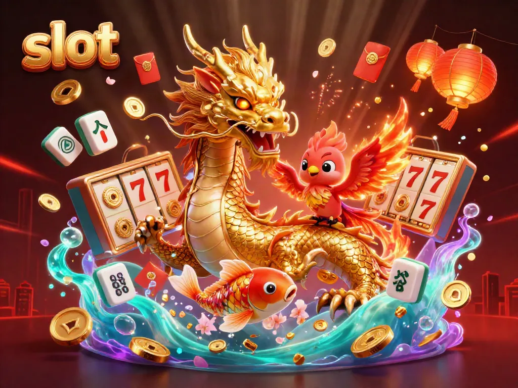 Engage with exciting slot adventures featuring dynamic characters like a dragon and phoenix in a vibrant casino atmosphere.