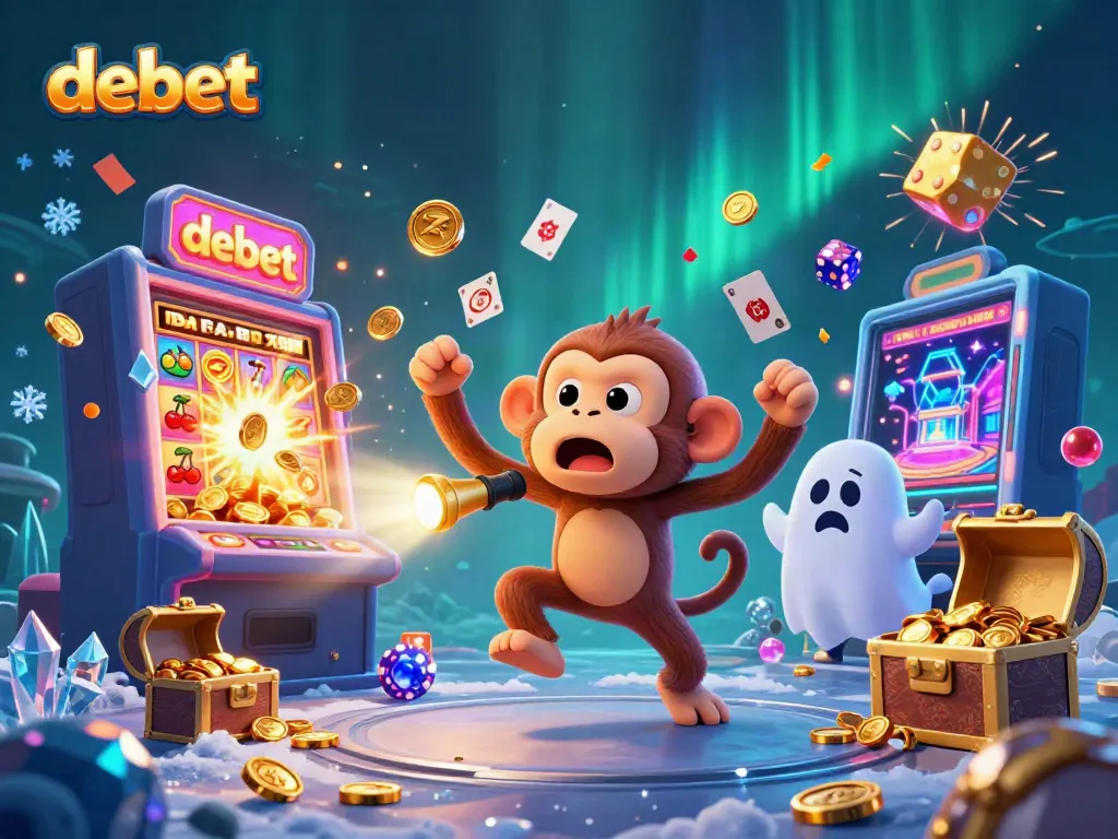 Experience the excitement of debet in a lively casino scene with a ghost-hunting puppy tracking a mischievous poltergeist monkey.
