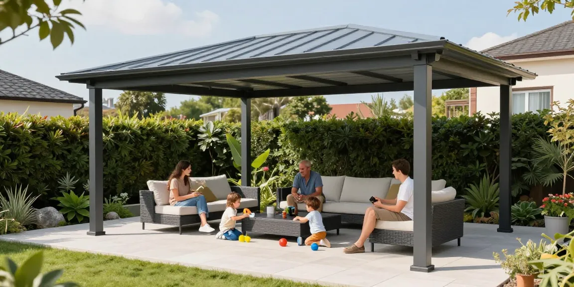 Familie genießt Zeit unter einer Terrassenüberdachung, modernes Design und schöner Garten.
