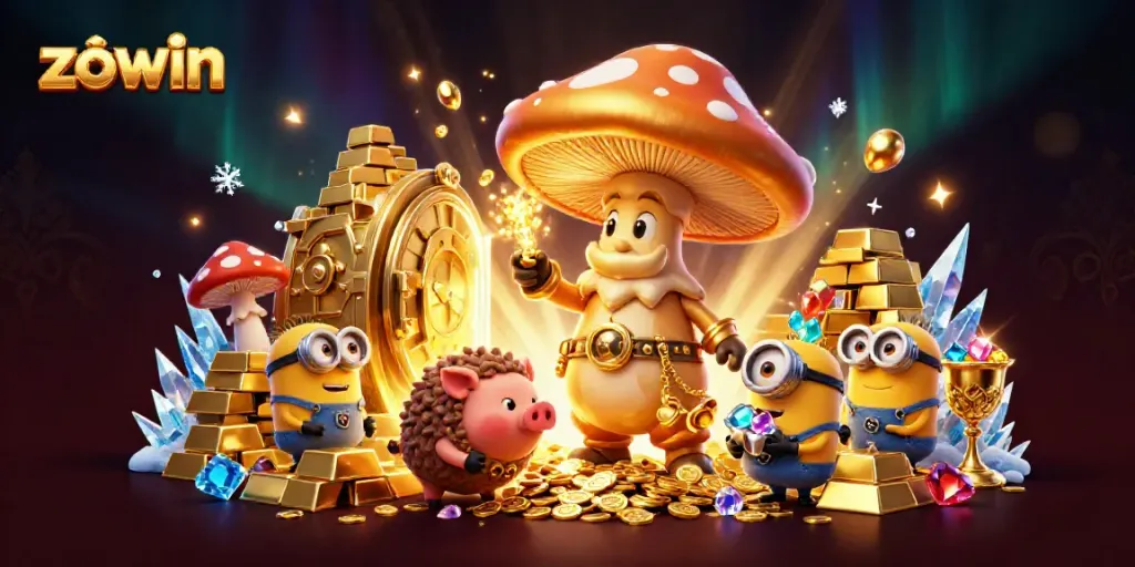 Zowin enhances gaming experiences with golden treasures and magical characters in a vibrant scene.