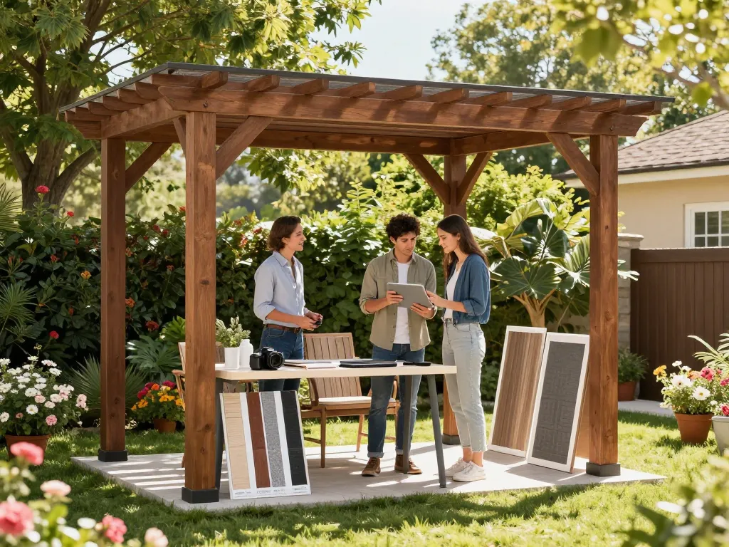 Anpassbares Pergola 3D-Design-Erlebnis in einem Gartenambiente.