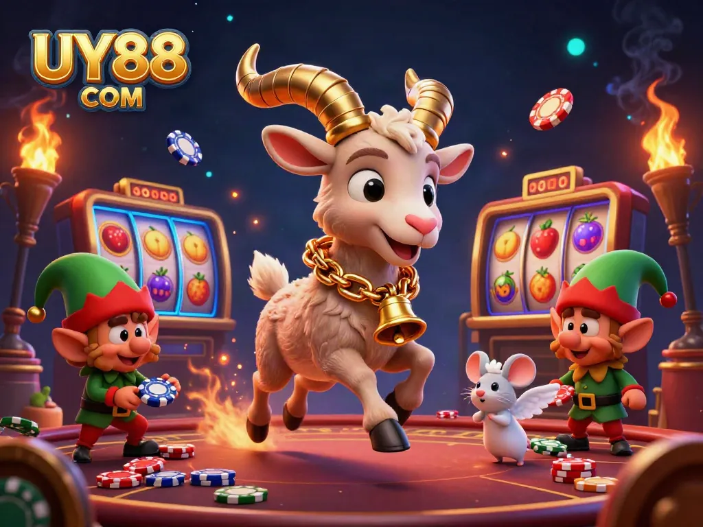 Win prizes at UY88 COM with a lively, festive casino scene featuring fun characters.