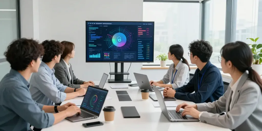IT Service Frankfurt: IT-Sicherheitsteam diskutiert Strategien in modernen Büroräumen.