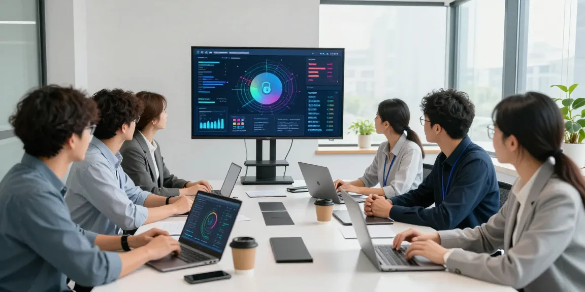 IT Service Frankfurt: IT-Sicherheitsteam diskutiert Strategien in modernen Büroräumen.