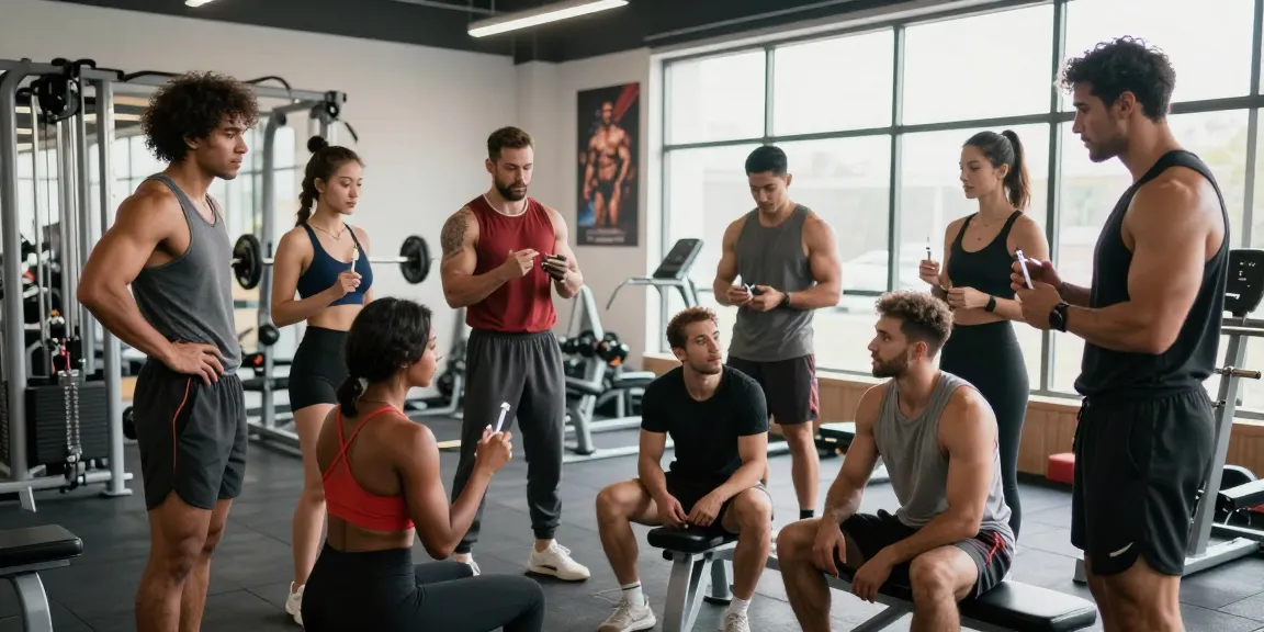 Anabolika Shop: Bodybuilder diskutieren über Steroid-Injektionen im Fitnessstudio.