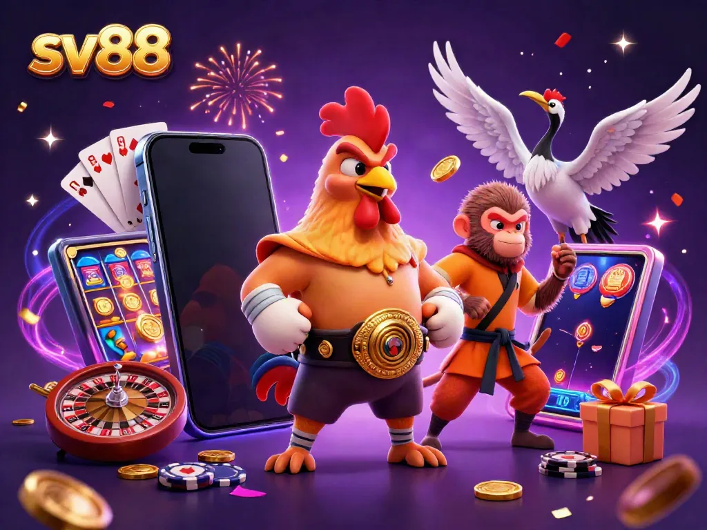 Engage with exciting sv88 casino themes featuring dynamic rooster, monkey, and crane characters amid vibrant gaming elements.