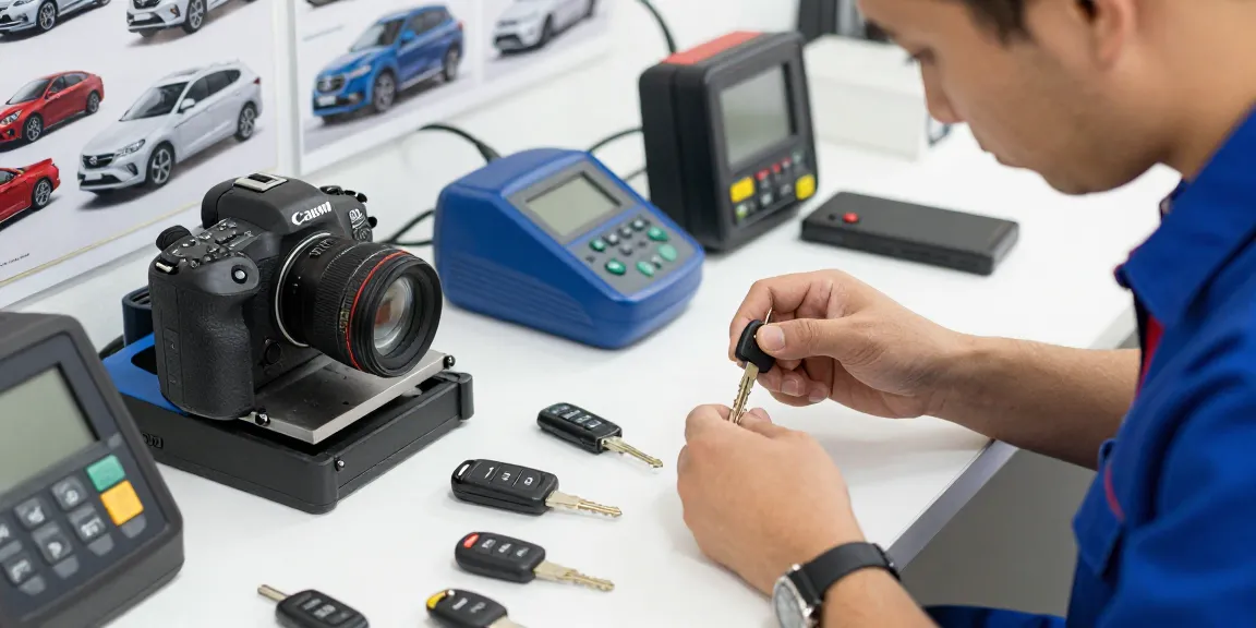 Autoschlüssel-Handwerker arbeitet an einem Hyundai Tucson Schlüssel im professionellen Umfeld