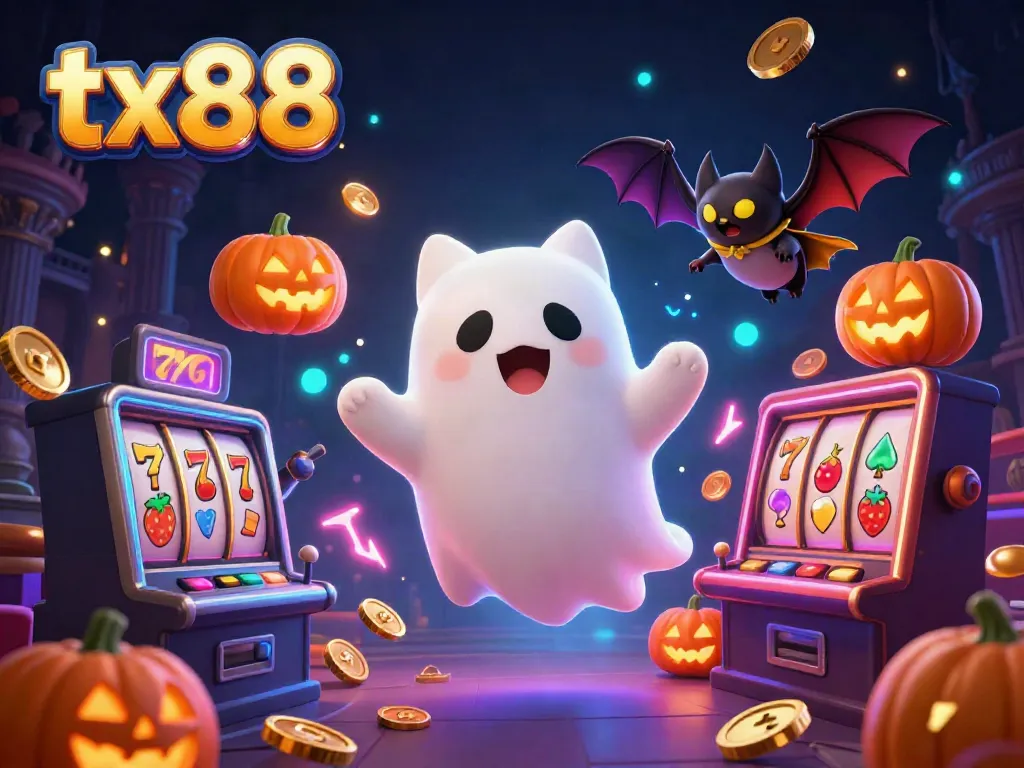 Enjoy big wins with tx88 at this vibrant casino scene featuring a playful ghost cat and dynamic gaming elements.